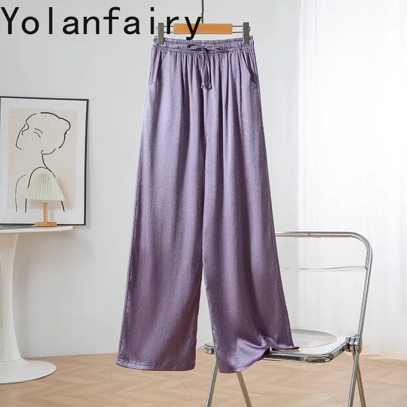 YOLANFAIRY New 93% Real Mulberry Silk Pants Women Clothing 2026 Summer Pearl Satin Wide Leg Pants Woman Trousers Casual Pants