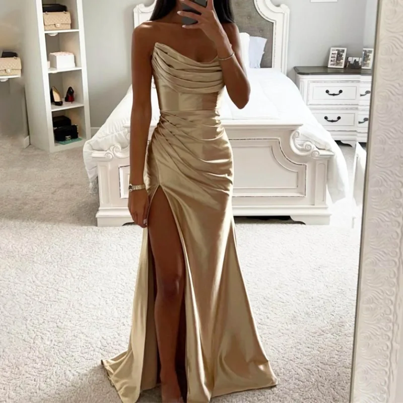 Customized Customized Sexy Champagne Mermaid Prom Dress Gowns Sleeveless Pleat Stain Formal Dresses Side High Split Evening Gown