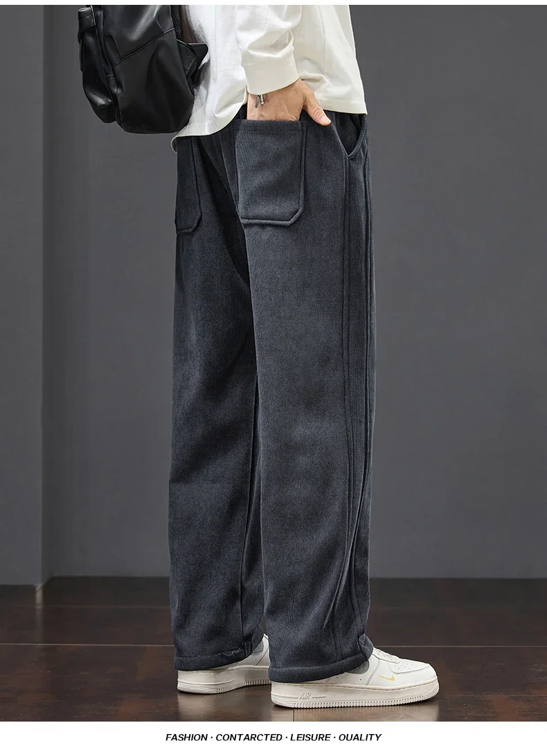 Winter Warme Fleece-Gefütterte Herren-Cordhose, Weite Gerade Hose mit Kordelzug und Elastischem Bund, Streetwear Braune Freizeithose für Männer – Detail 6