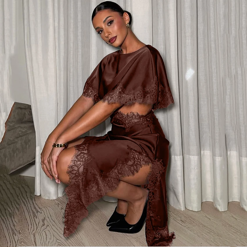 Linad Sexy Aushöhlen Split Midi Kleid Elegante Hohe Taille Seide Asymmetrische Kleider Vintage Braun Satin Spitze Kleid 2025, Herbst