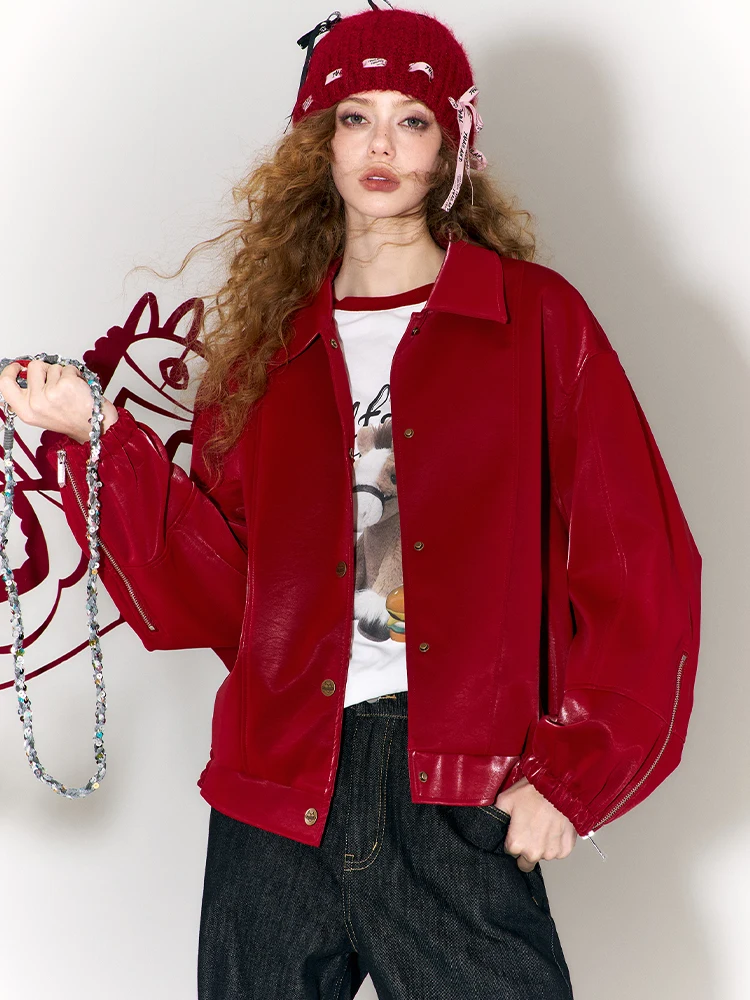 Ele Red Embroidered  Motif Leather Jaet Women's Winter Outerwear New Year's Robe Casual Loose Fit PU Leather