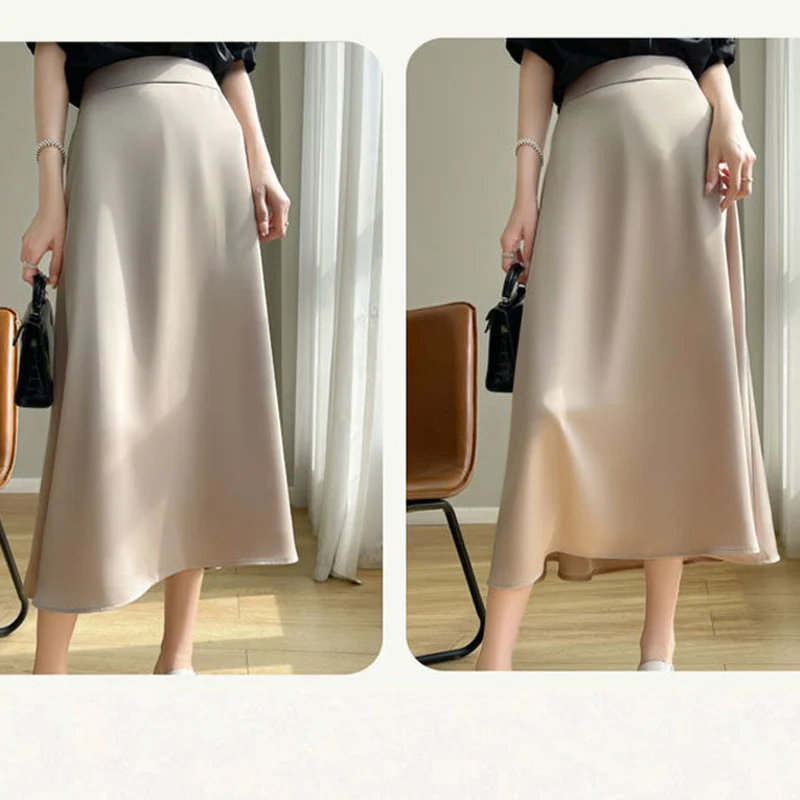 

Mid Elastic Dress Female Luxury Versatile Comfortable Long Skirts Women Concise Solid Satin Pleated Midi Skirts Girls Vintage