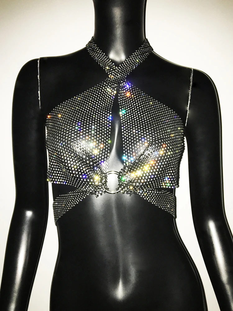 

Sexy Hollow Metal Crop Top Y2k Sparkling Rhinestone Halter Neck Metal Buckle Suspender Strap Button Top Nightclub Concert Party