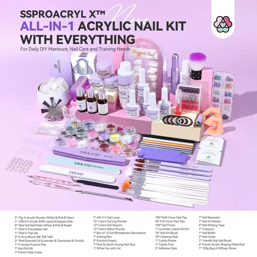 Kit per unghie Set acrilico Kit professionale per unghie acrilico con tappetino per unghie Pennello per nail art Smalto per unghie con essiccatore per