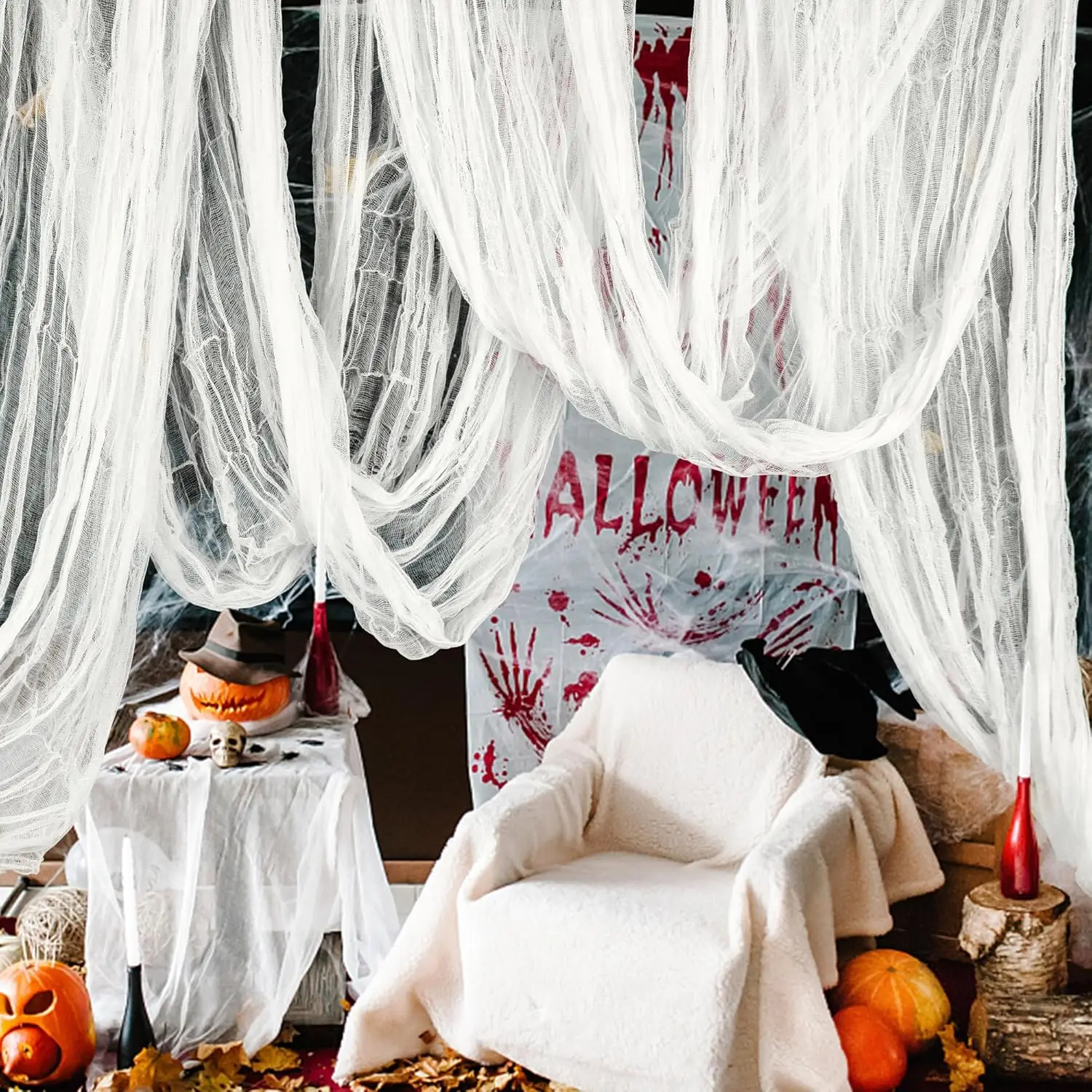 76x183cm Halloween-Gaze-Dekoration Übergroßer Gruseliger Stoff Halloween-Dekoration Tragbares Schwarz-Weißes Gittergewebe Party-Zubehör – Detail 1