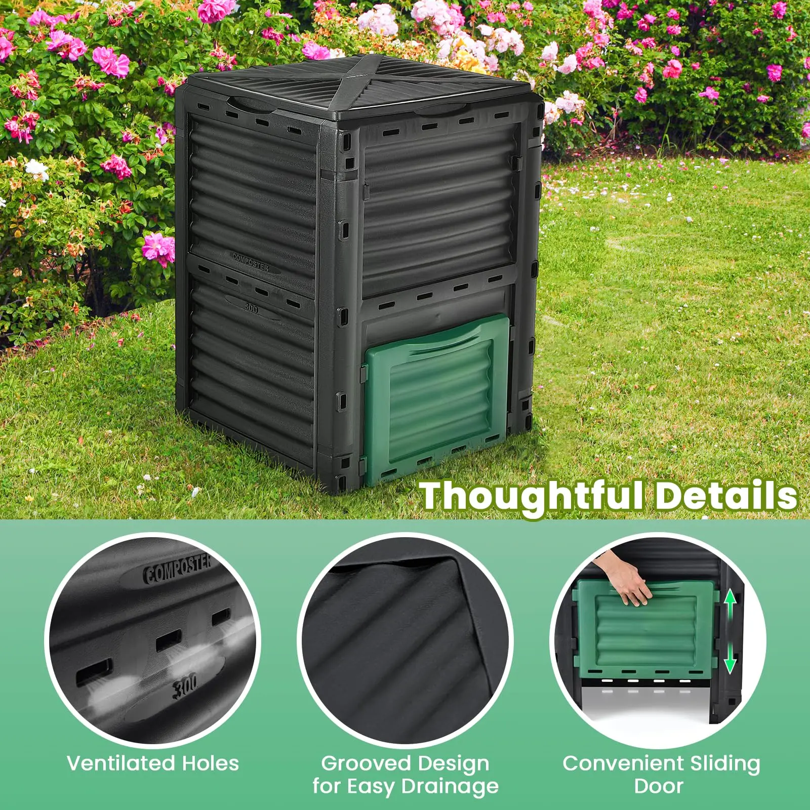 Outdoor Compost Bin, 80 Gallon Large Composting Box with Top Flip Latch-on Lid & Bottom Exit Door, Food Waste