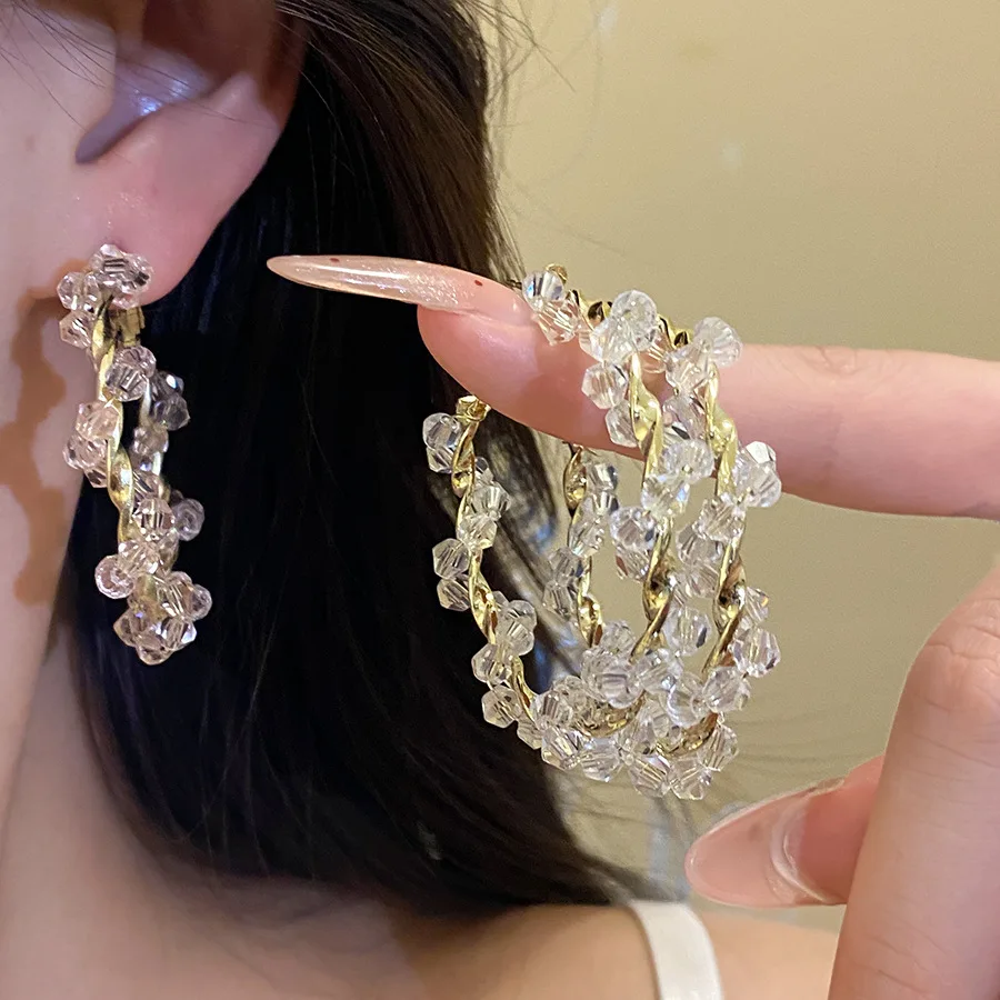 

4 Styles Sparkling Transparent Glass Beaded Hoop Earrings for Women Large Twisted Wrapping Circle Huggie Earrings Party Jewelry