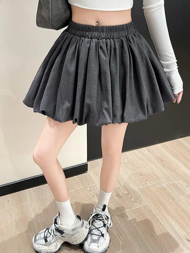 가을 겨울 A라인 스커트 여성용 꽃봉오리 스커트 하이웨이스트 플리츠 팬츠 스커트 우산 스커트