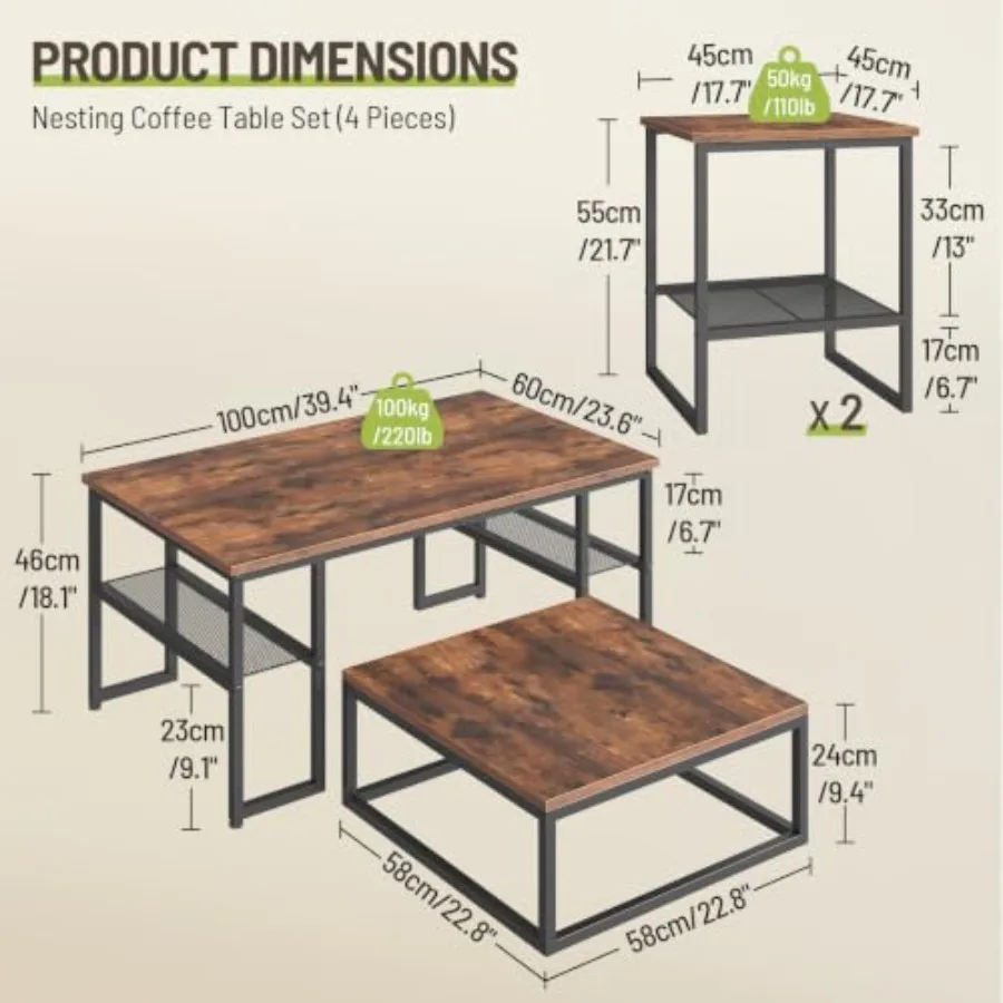 Nesting coffee table set of 4 for living room: metal frame, matte black finish, space-saving design with smooth glide mechanism