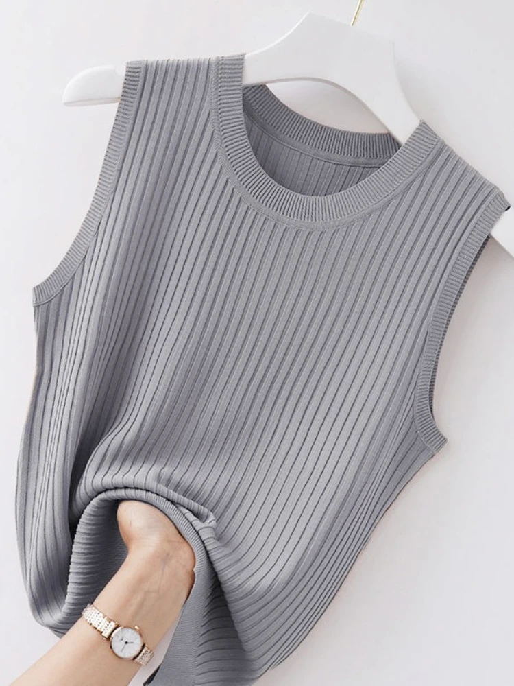 قميص قصير نسائي مريح بلون سادة لعام 2025، قميص صيفي محبوك أبيض قصير بدون أكمام #1