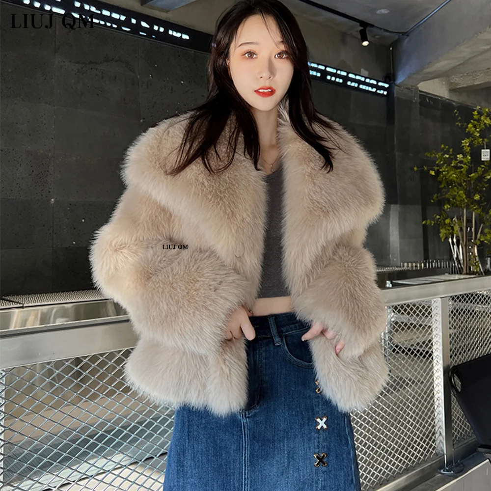 Women Fluffy Jacket Winter Clothes Short Faux-Fox Fur Coats Korea Lapel Casual Black Outwear Female Thick Warm Plush Overcoat