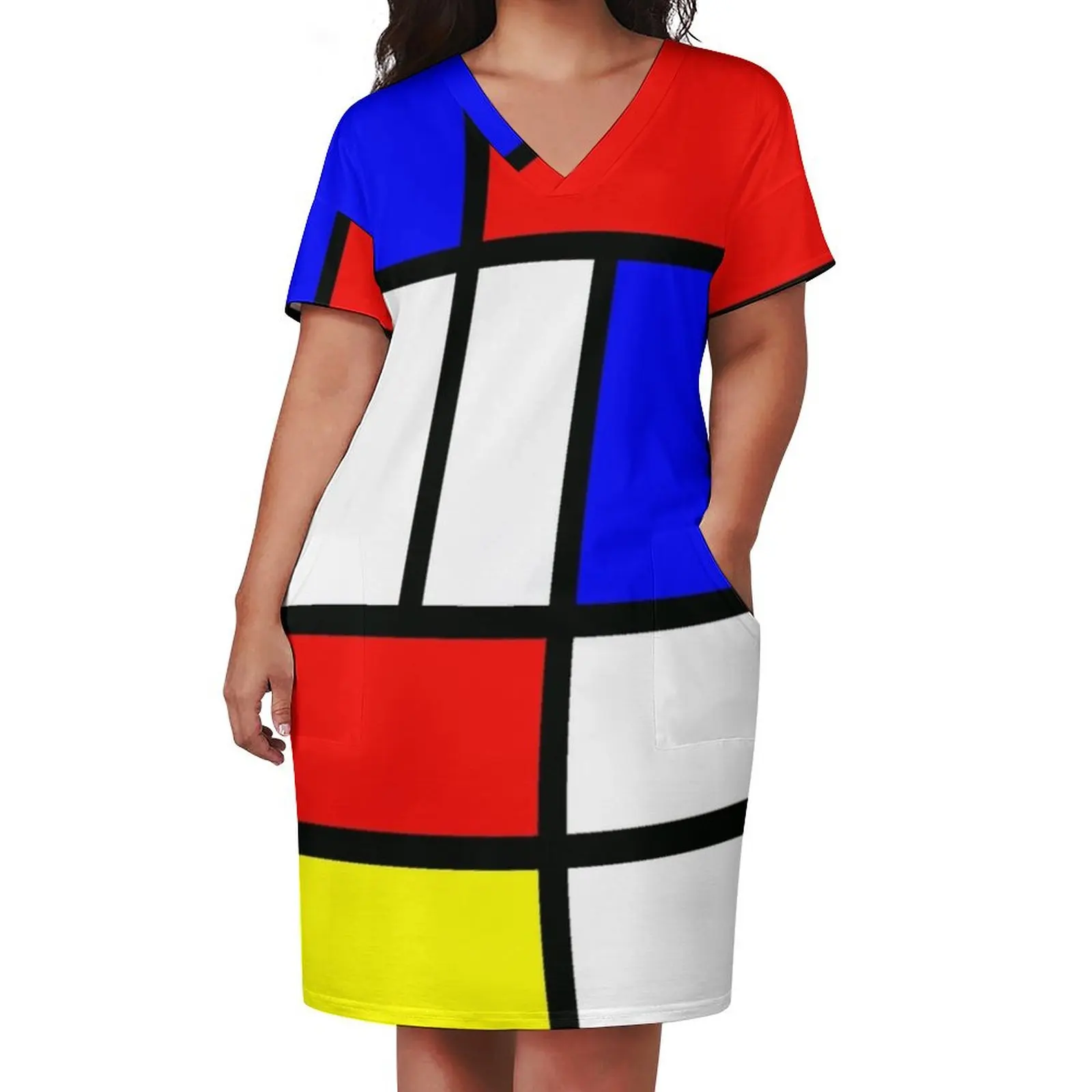 Piet Mondrian Composition 2 Color Block with Red Yellow and Blue Loose Pocket Dress bandage dress dresses for women