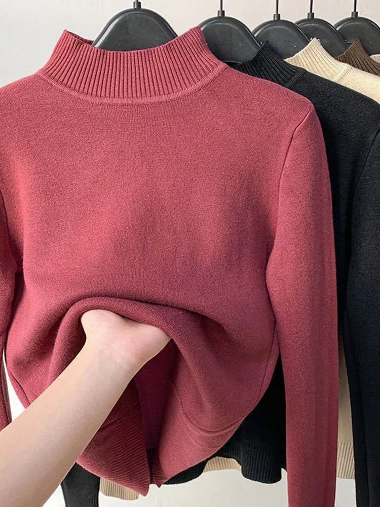 Turtleneck Winter Sweater Women Elegant Thicken Velvet Lined Warm Sueter Knitted Pullover Slim Tops Jersey Knitwear Jumper New