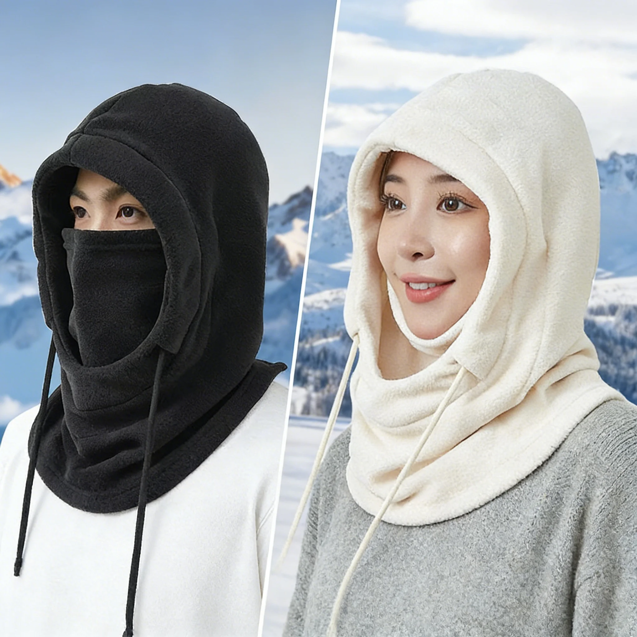 Winter Balaclava Knit Hood Windproof Snowboard Mask with Drawstring Unisex Motorcycle Riding Warm Knitted Polar Fleece Cap Cover