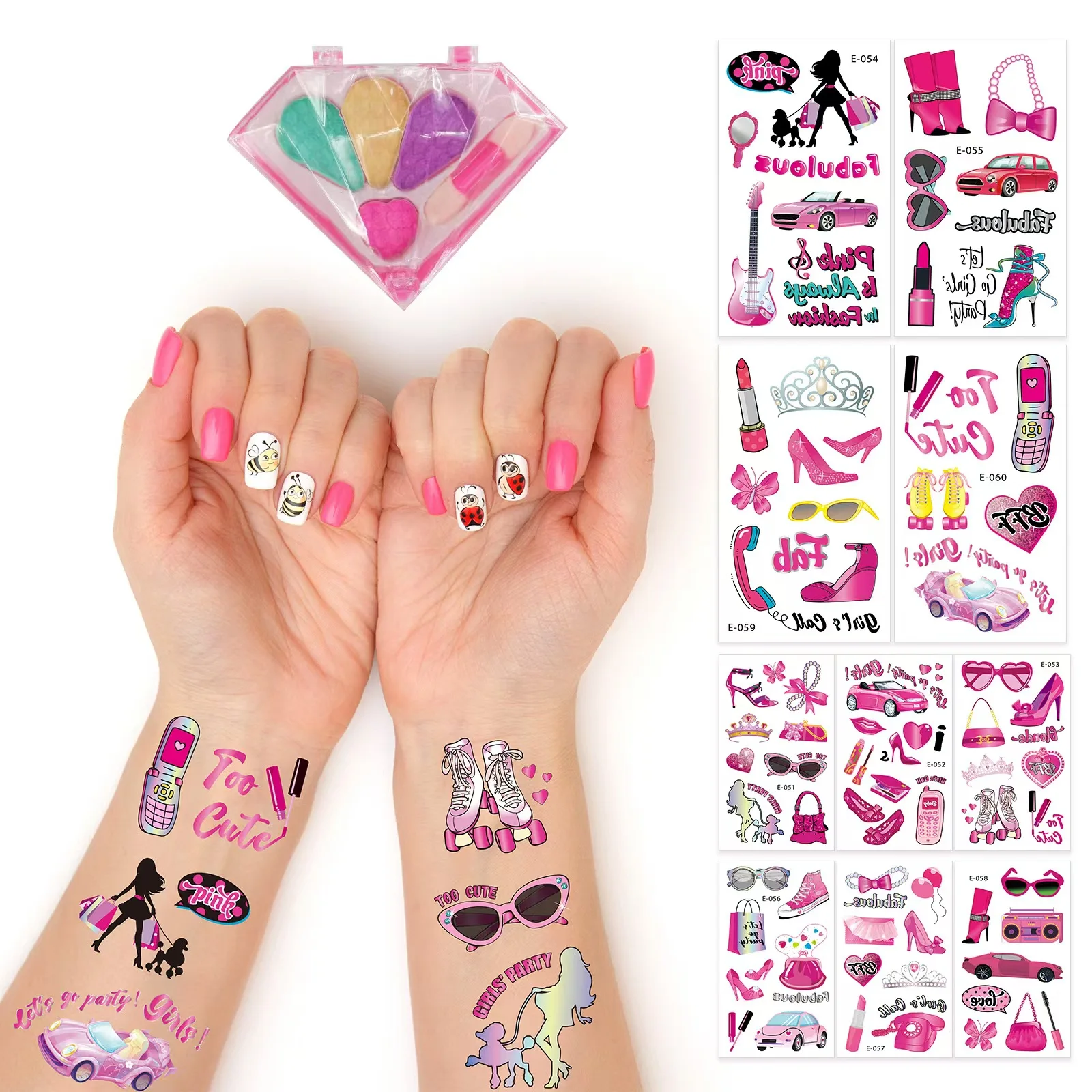 10szt Pink Denim Pink Girl Waterproof Tattoo Sticker Girl Cartoon Party Decoration Kid Adult Makeup Face Patch Set Cosplay Prop