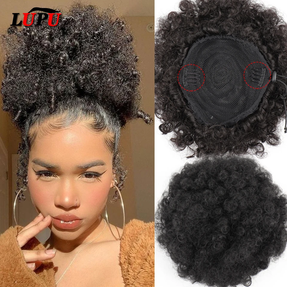 

Synthetic New Kinky Hair Bun Claw Clip Ponytail Hair ExtensionsDrawsting Short Ponytail Fluffy Afro Short Hair Buns