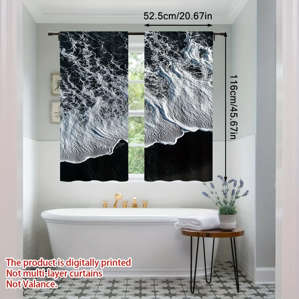 

2pcs Black and White Wave Pattern Curtains - Contemporary 2D Flat Printing, Semi-Transparent Polyester, Easy Rod Pocket Installa