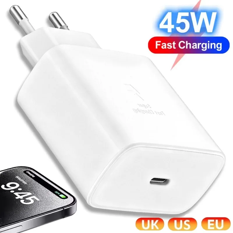 

Быстрое зарядное устройство PD 45 Вт, настенное зарядное устройство USB C, адаптер типа C, быстрое зарядное устройство для Великобритании/США/ЕС для Xiaomi iPhone 17 16 15 Oneplus Samsung S25