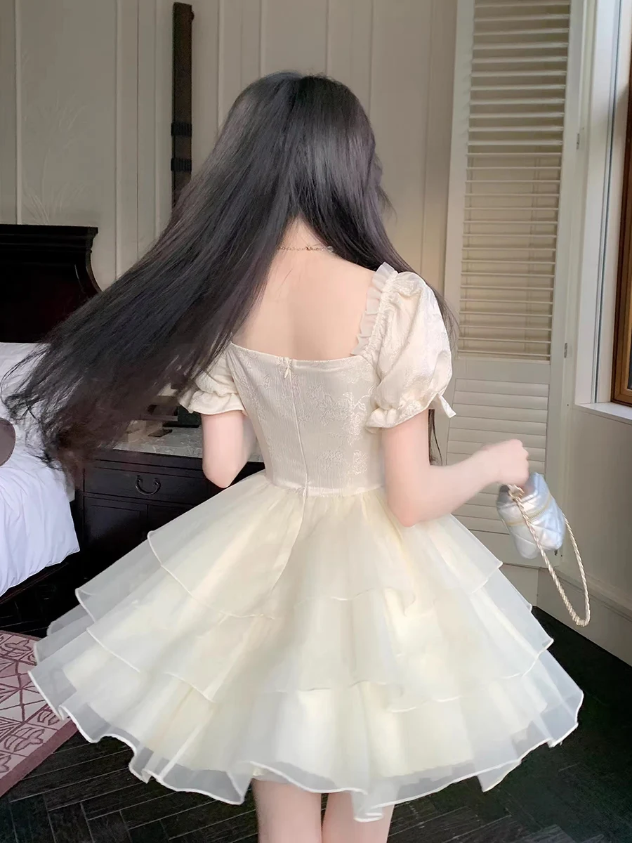 ReddaChic-vestido com cadarço com cadarço para mulheres, manga curta, plissado em camadas, laço, mini vestido de princesa, vestido Lolita Tutu, verão