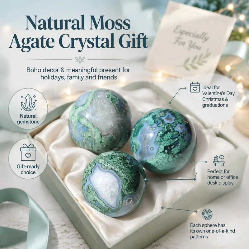 Moss agate crystal ball, Bohemian style natural sphere, can be used for home, office, aquarium decoration, random styles, mineral specimen gifts, center ornaments, crystal balls for decoration