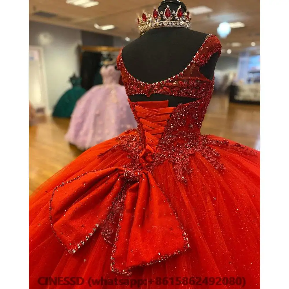 Rood Van De Schouder Kristallen Kralen Baljurk Quinceanera Jurk Gelaagde Rok Appliqueert Kanten Strik Vestido De 15 Anos Sweet 16