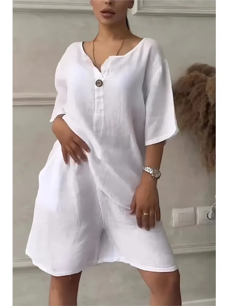 

Модный однотонный свободный комплект, женский повседневный пуловер с v-образным вырезом и пуговицами, топ + шорты, комплекты из двух предметов для женщин, офисная женская одежда, новинка лета