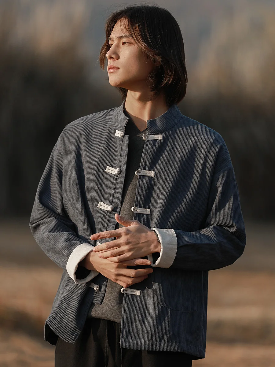 

Chic Men's Spring Autumn Jaet with Buttoned Cuffs Traditional Chinese Sle Stand Collar Long Sve Loose Fit Outerwear