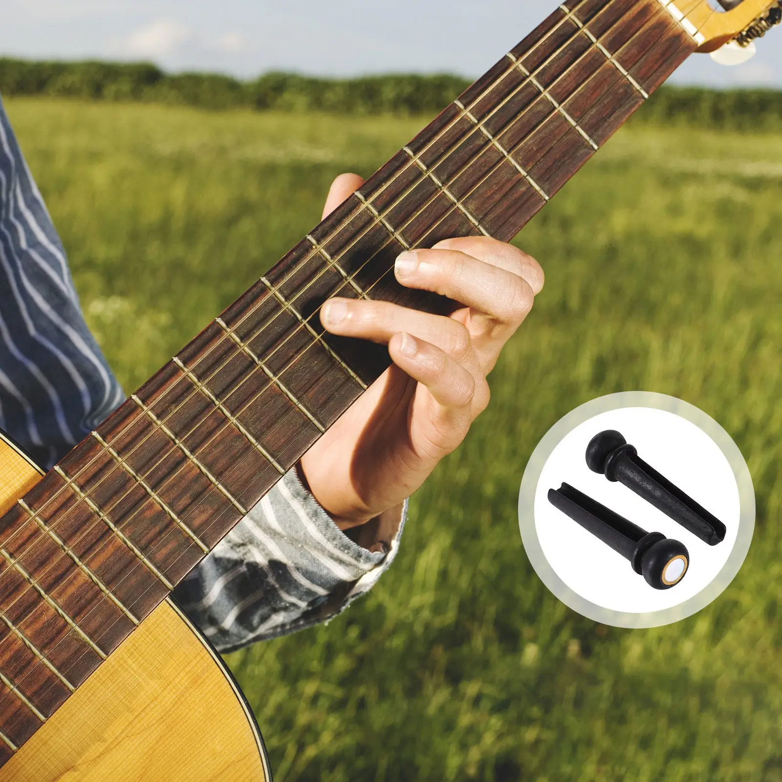 Acoustic Guitar Bridge Pins 2 Piece High Density Ebony Wood Pegs with White Dot Inlay Replacement Parts
