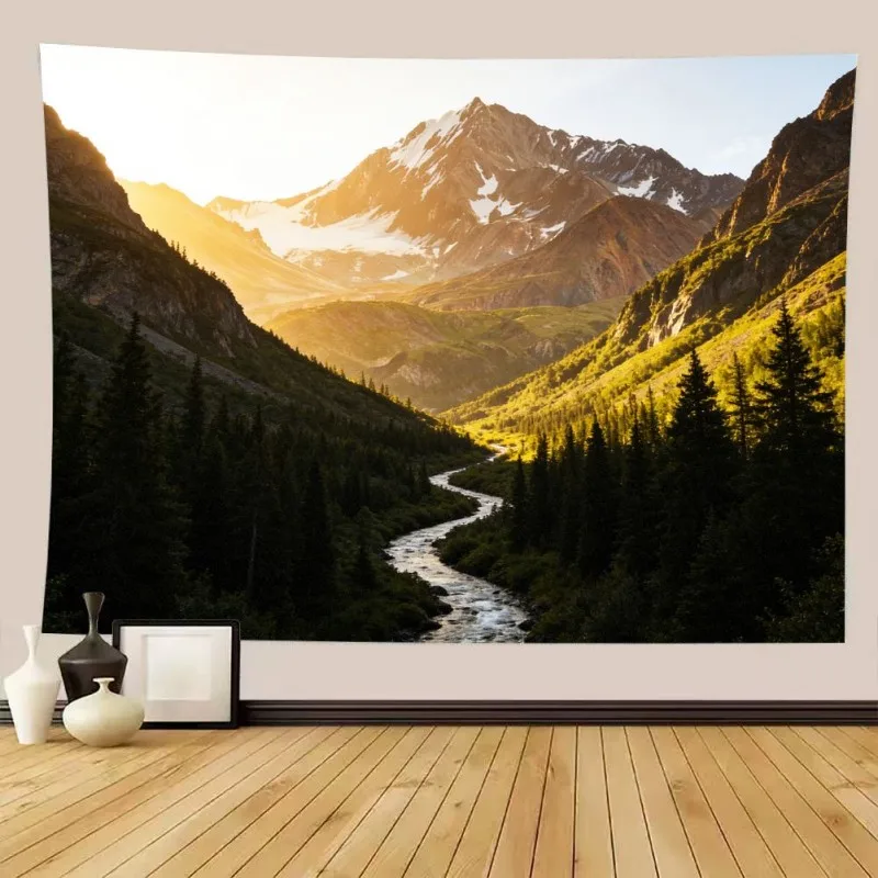 VIKAMA Golden Mountain Valley Landscape Tapestry Forest River Scenery Wall Hanging Aesthetic Decor Living Room Bedroom Dorm