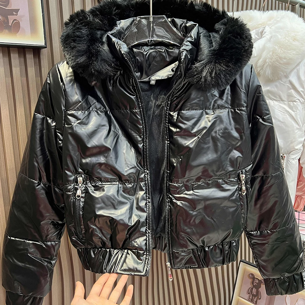 

Women Fur Collar Hooded Cotton Coats 2024 New Winter Korean Style Glossy Down Cotton Quilted Jackets Female Thick Warm Outerwear