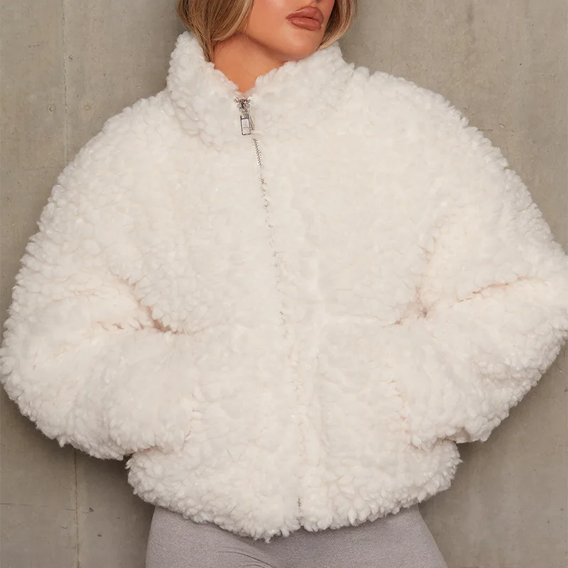  Women's Plush Cardigan Short Jacket Lamb Coat Thickened Long Sleeve Zipper Closure  Color Winter Outerwear