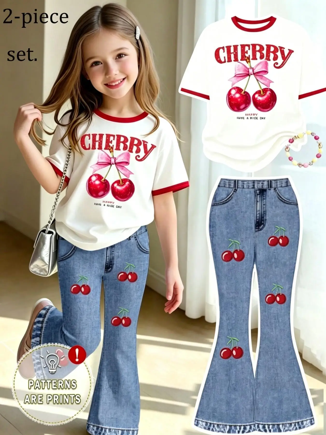 Children's Summer Casual Outfit: Girls' Cute Cherry Two-Piece Set, Color-Blocked Cherry Letter Print T-Shirt + Cherry Print Faux-Embroidered Flared Jeans, Suitable for Ages 4-12