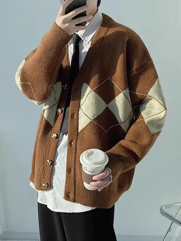 

Мужской свитер в стиле ретро с бриллиантами id, свободный крой, осенне-зимний вязаный кардиган Sli, модный бренд ex, универсальный V-Ne Jaet