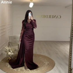 Annie-vestidos de satén con cuentas para baile de graduación, falda Árabe de Dubai de lujo con cuello en V y mangas largas para fregar el suelo, Serenehill