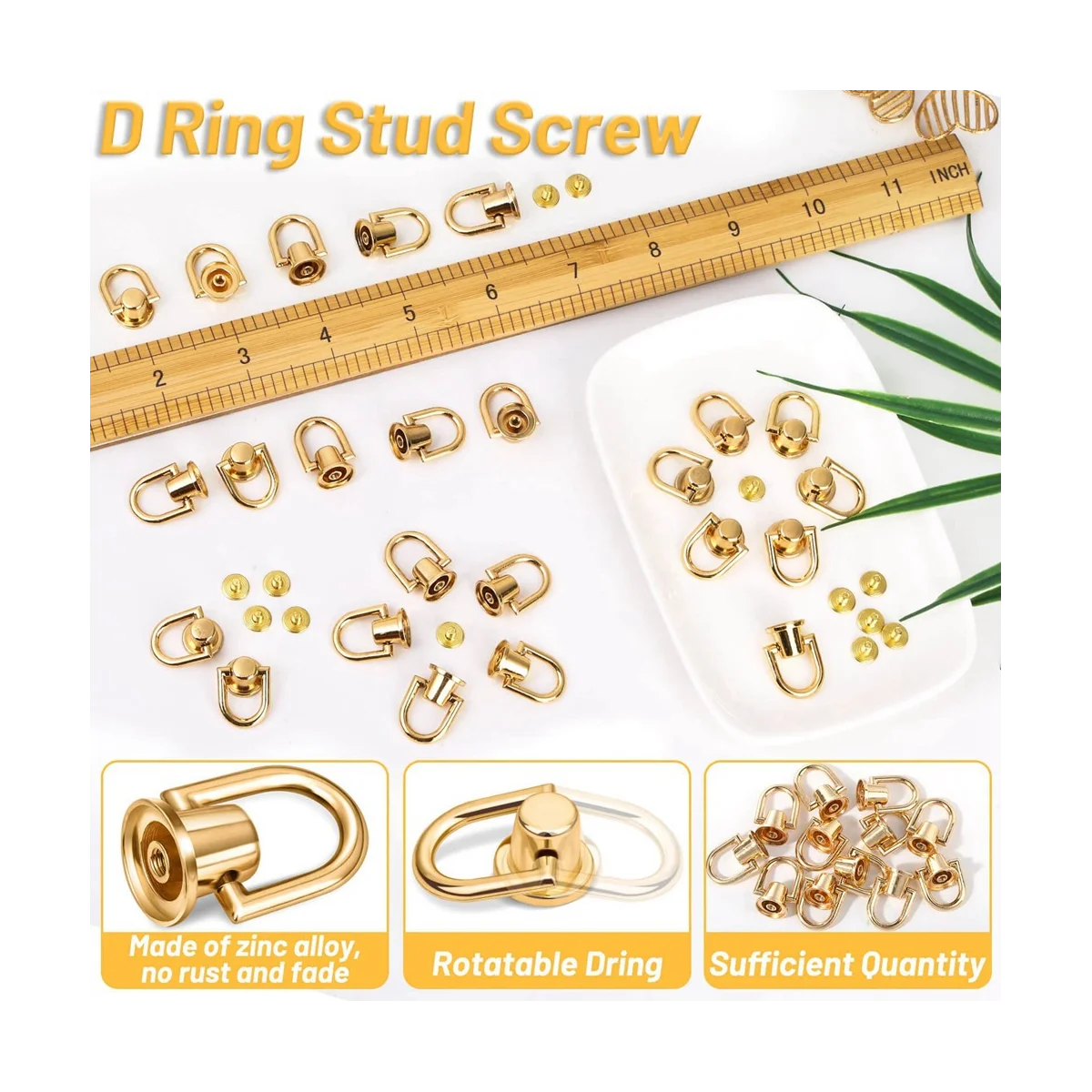 40Pcs D Ring Stud Screw Ball Post Head Buttons Stud Screw, Metal D Ring Rivets for Wallet Strap Shoes Accessories