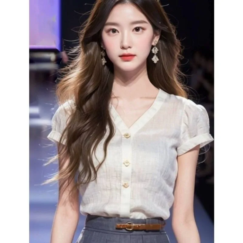 

Women Summer V-neck Solid Color Simplicity Office Lady Short Sleeve Shirts Ladies Fashion All-match Appear Thin Temperament Tops