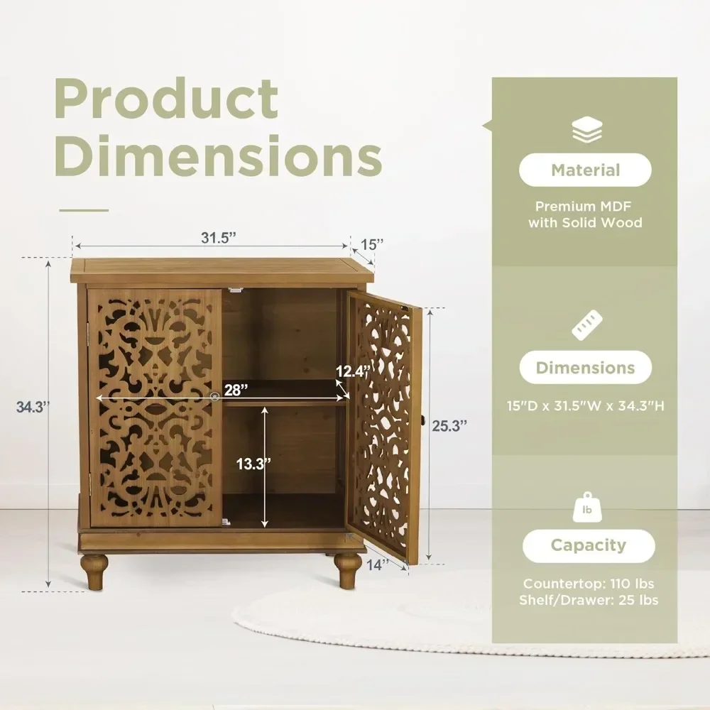 Accent Cabinet with Doors, Distressed Storage Cabinet with Wood Frame and Hollow-Carved Floral Doors for Entryway Living Room
