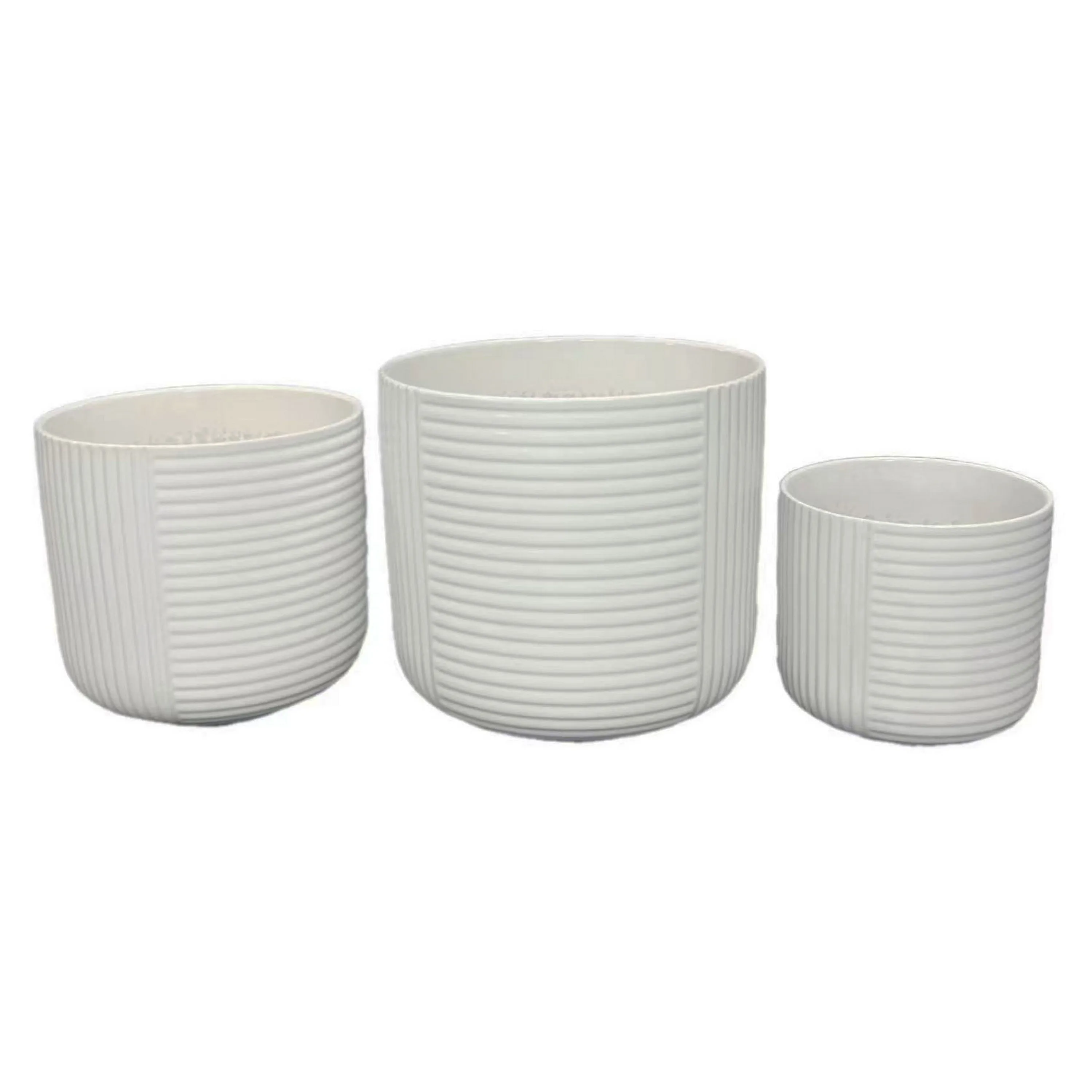 Kena Planter Set of 3, White Ceramic, Ribbed Texture Pots, 12 10 8 Inch
