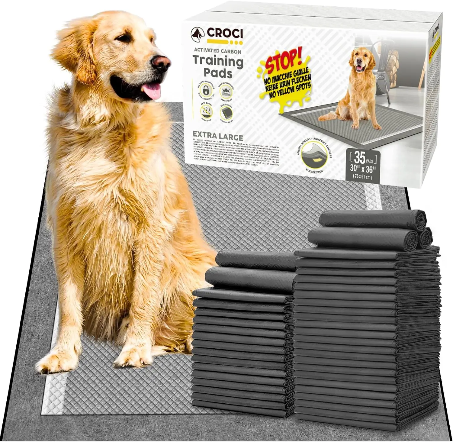 

XXL 30x36in Dog Pee Pads, Odor-Control & Super Absorbent Up to 10 Cups, Quick Dry Leak-Proof with Adhesive Tabs (35 Counts)