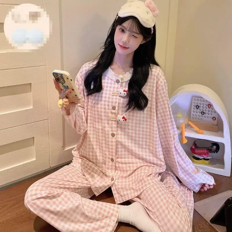 

Cartoon Sweet Princess Spring and Autumn Pajamas New Fashionable Women's Long Sleeve Cute Plaid Lace Home Clothes Student Set