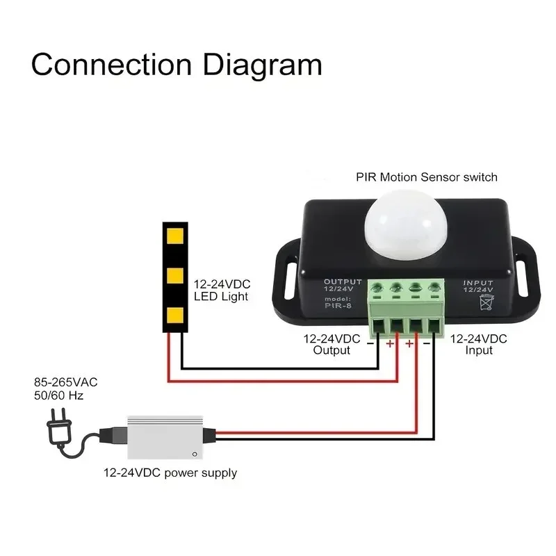 8A PIR Motion Sensor Switch 12-24V DC Adjustable Delay 5s-10min for LED Strip Light Inline Power Controller with IP65 Waterproof