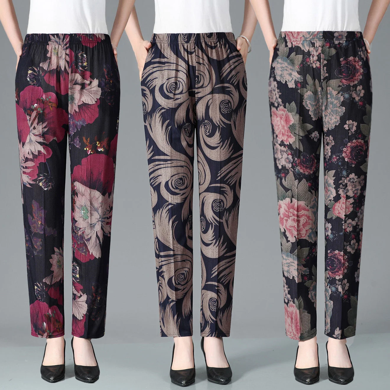 

Summer Middle-aged And Elderly Women's Trousers High Waisted Mother's Floral Printed Pants Ladies Casual Loose Pantalones