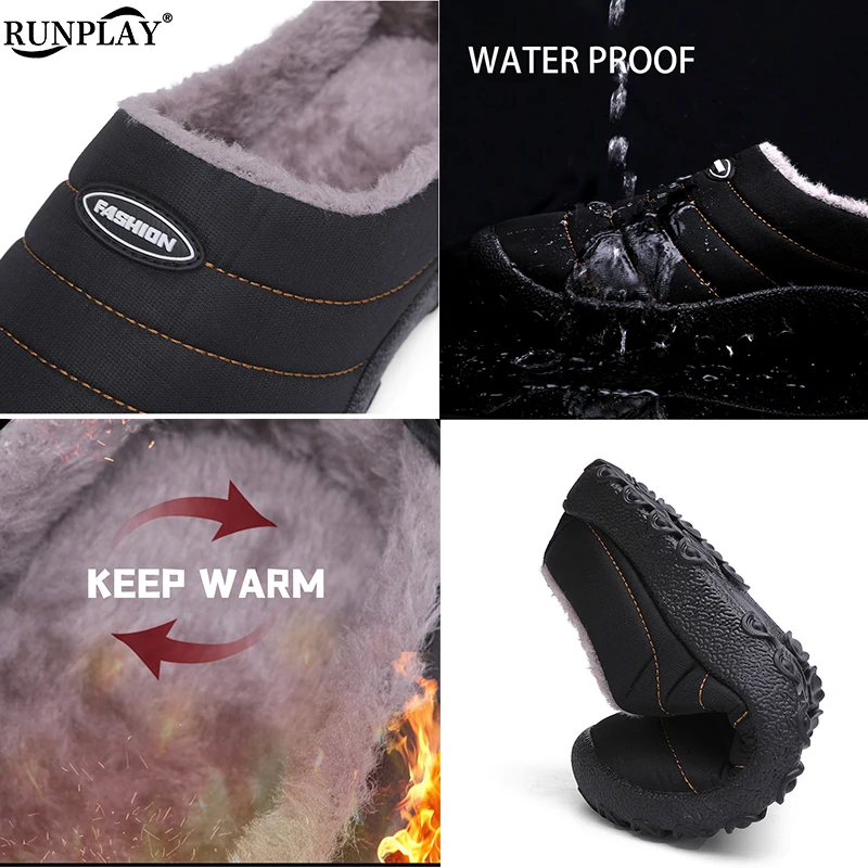 Men Warm Cotton Slippers Winter Women Home Plush Shoes Waterproof Couple Thick Sole Warm Fur Slides Outdoor Casual Snow Boots