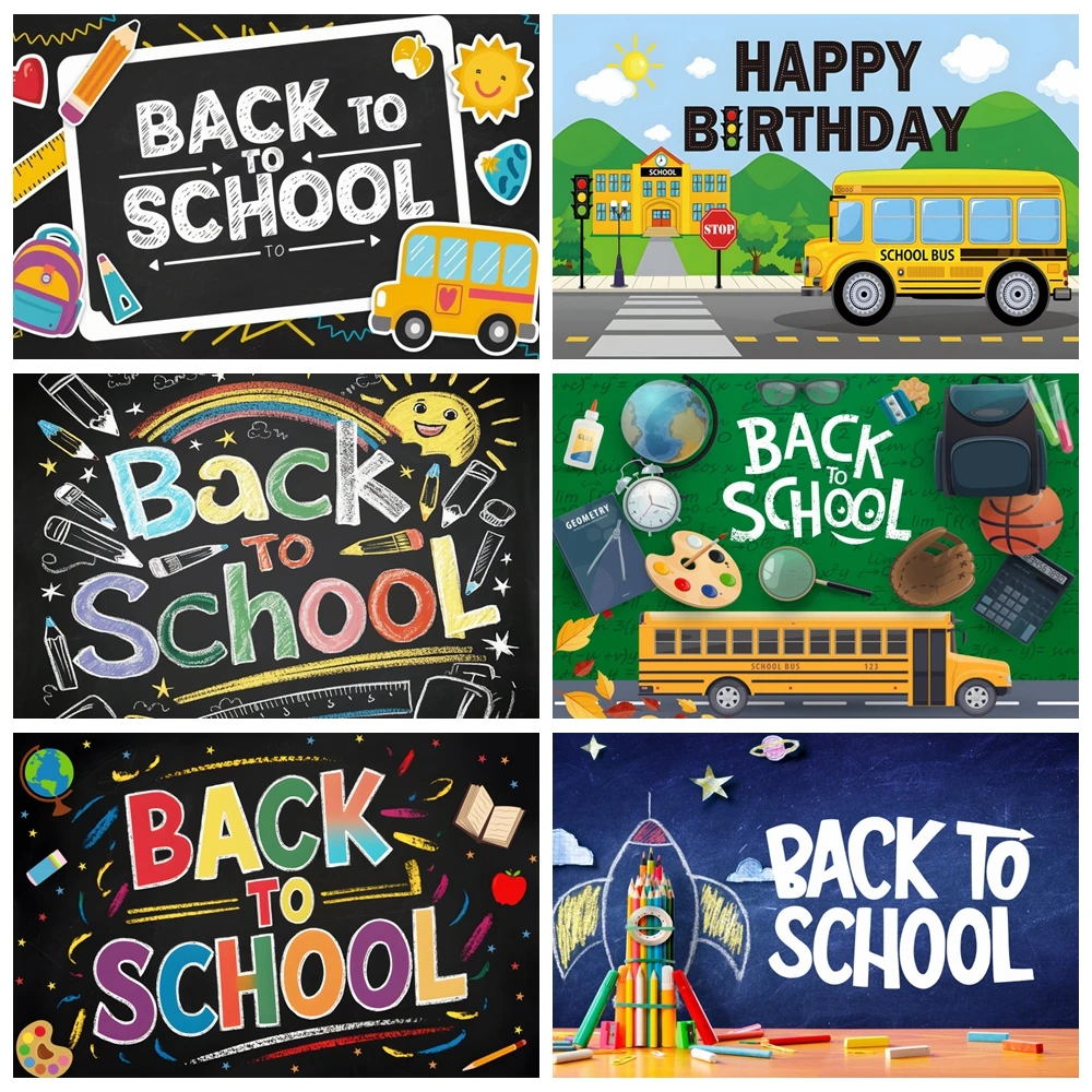 Back To School Photography Backdrop Books Pencil Blackboard Graffiti School Bus Students Happy Birthday Party Photo Background