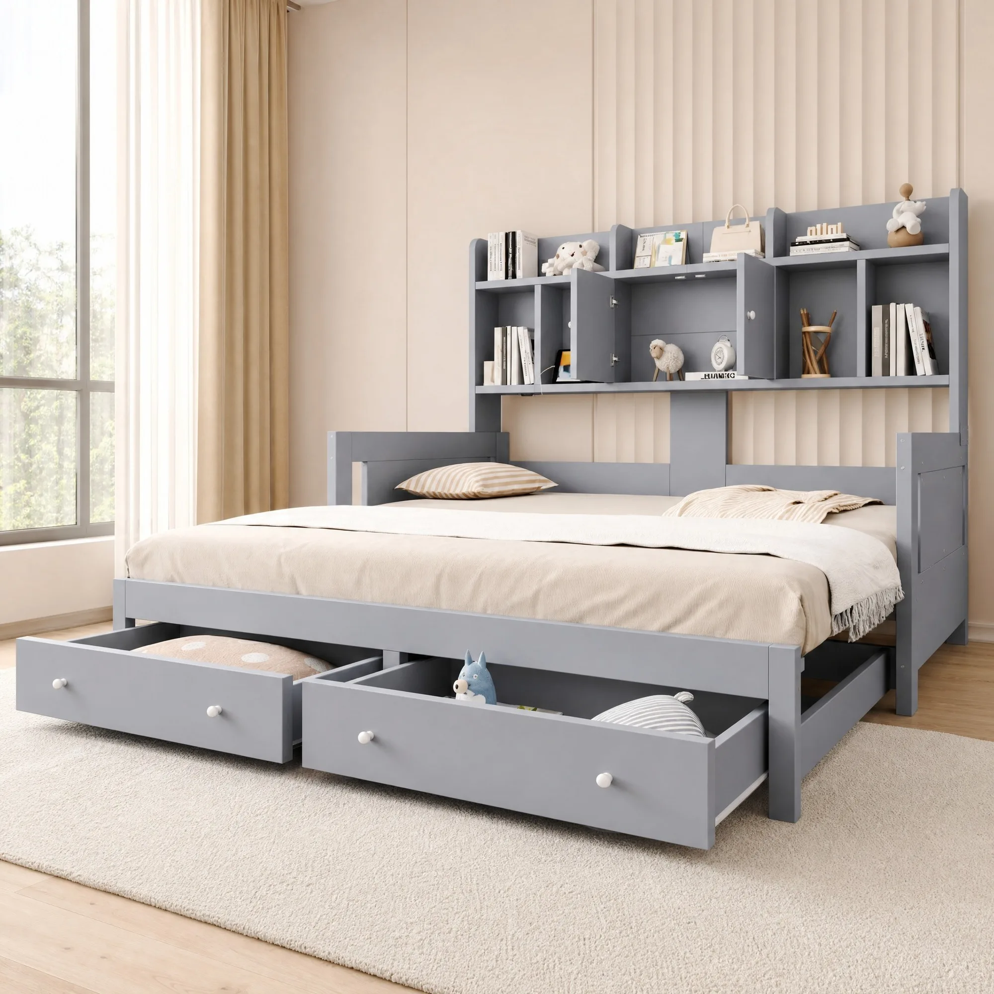 Multifunctionele uitschuifbare houten slaapbank met opbergladen, planken, stopcontact en LED-verlichting, grijs