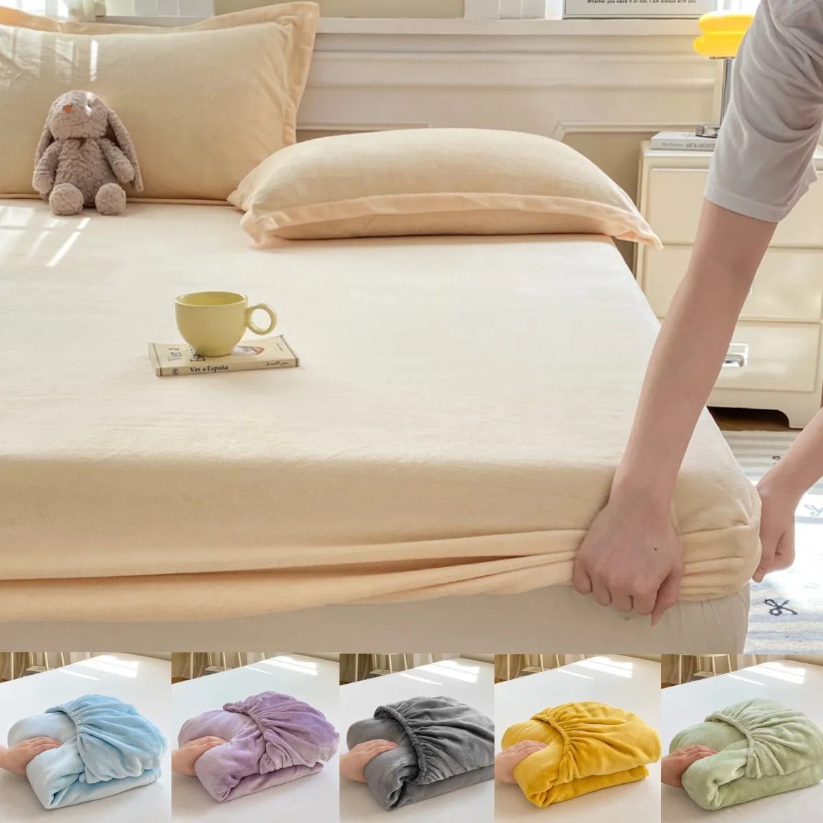 

Soft Warm Plush Fitted Sheet Elastic Mattress Cover Fluffy Coral Fleece Bed Linen Winter Couple Luxury Double Bed Bedding