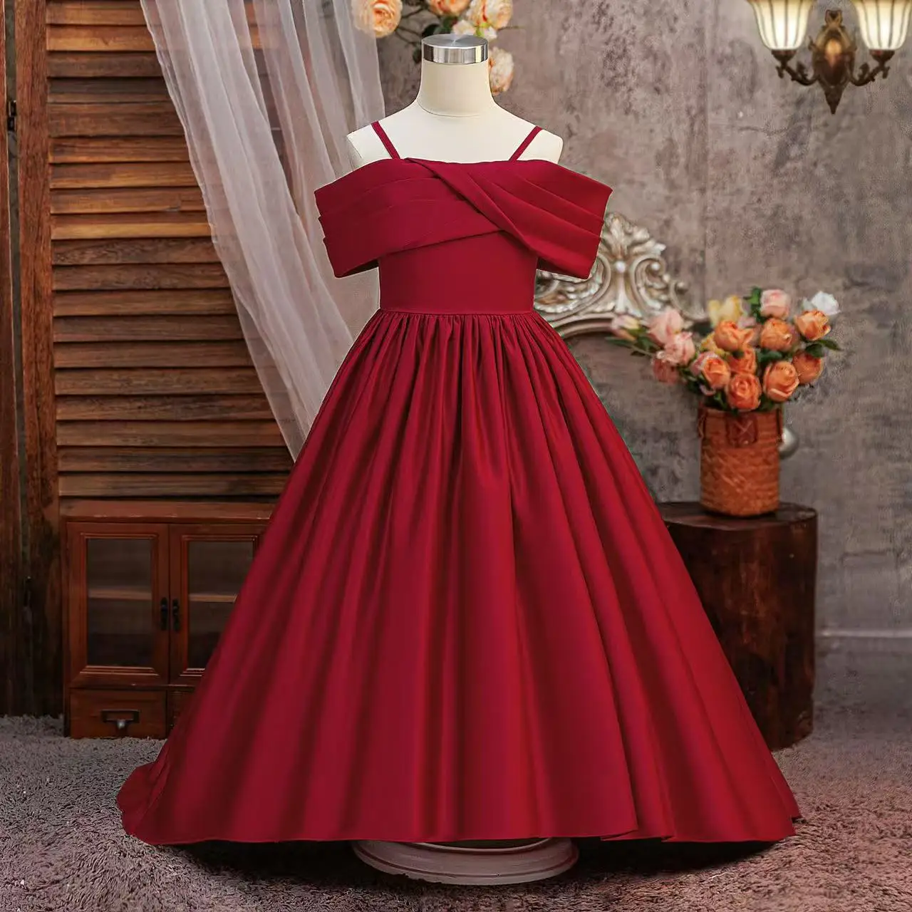 2026 New Girls' Formal Dress With Train Strapless Off-the-Shoulder Satin Gown for Birthday Parties and Evening Events