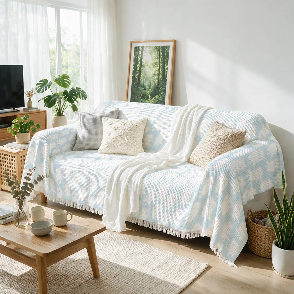 Decorative Sofa Throw Blanket Cover Chunky Knit Blue Pattern Neutral Beige Textile Cozy Living Room Couch Decor Gift for Home