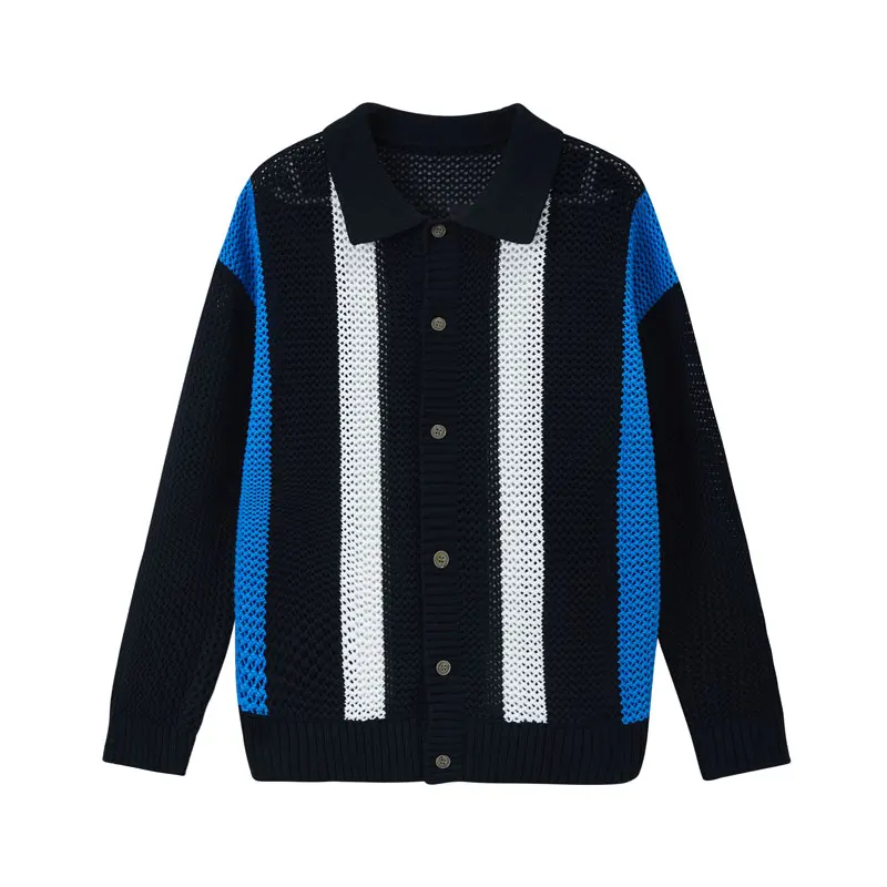 

Men's Autumn/Winter 2025 Color-Block Striped Polo Collar Knitted Cardigan 60% Cotton, High-quality Hollow Out Cardigan
