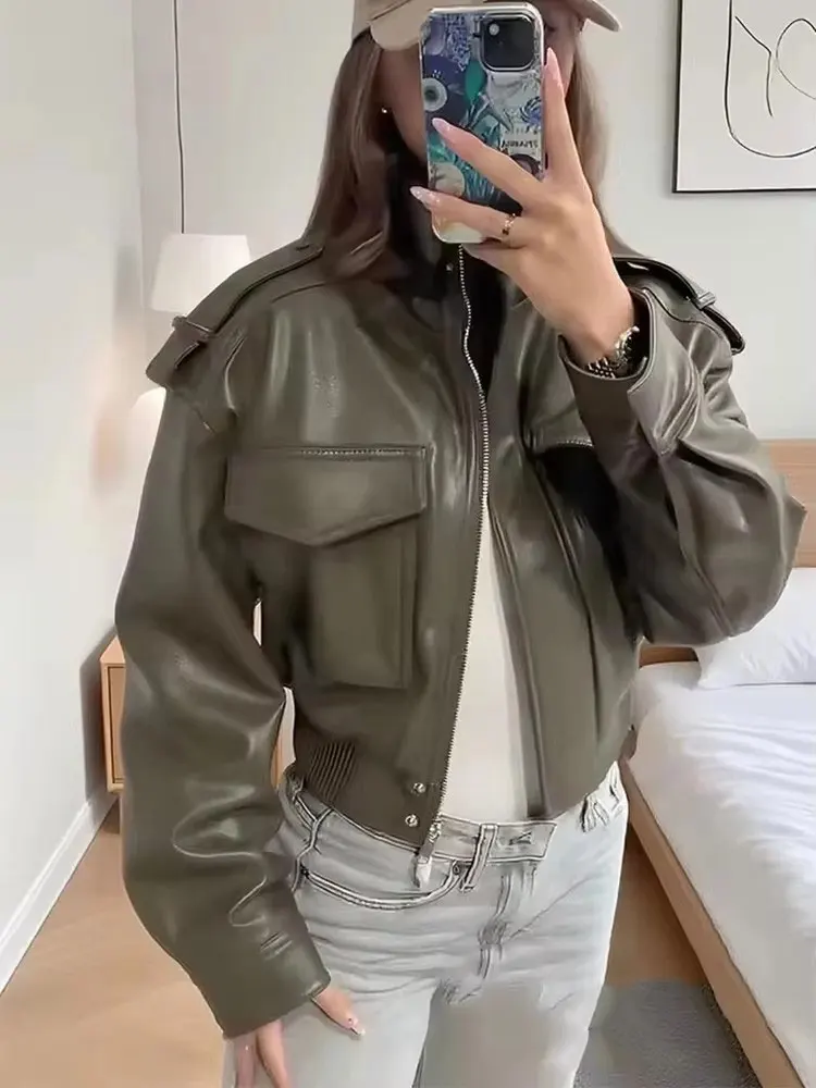 

HH Autumn Faux Leather Jackets For Women Loose Zipper Long Sleeve Overcoat Jacket With Pockets Female New Fashion Streetwear